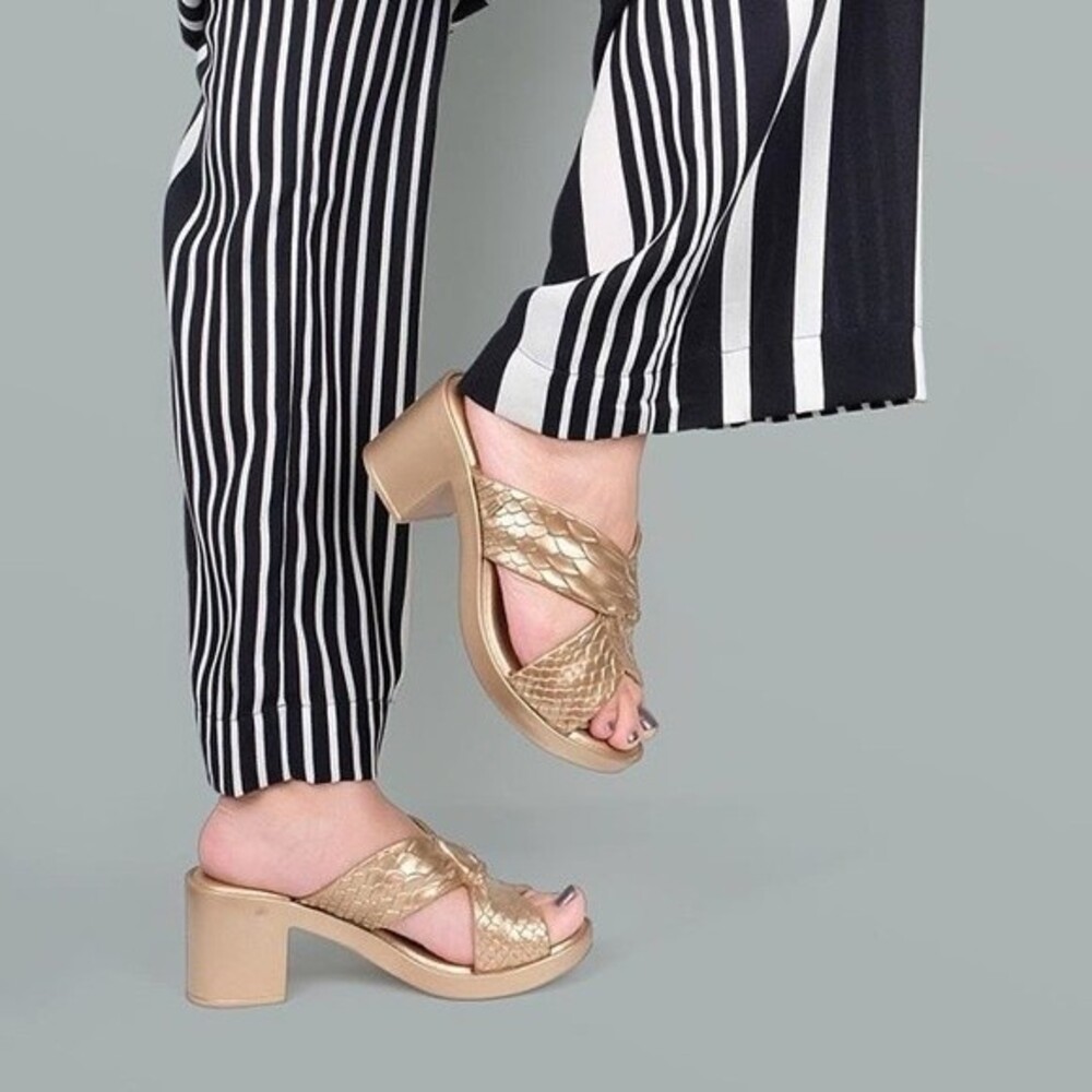 Melissa x Baja East Collab Python Strappy Block Sandal in Metallic Gold 6